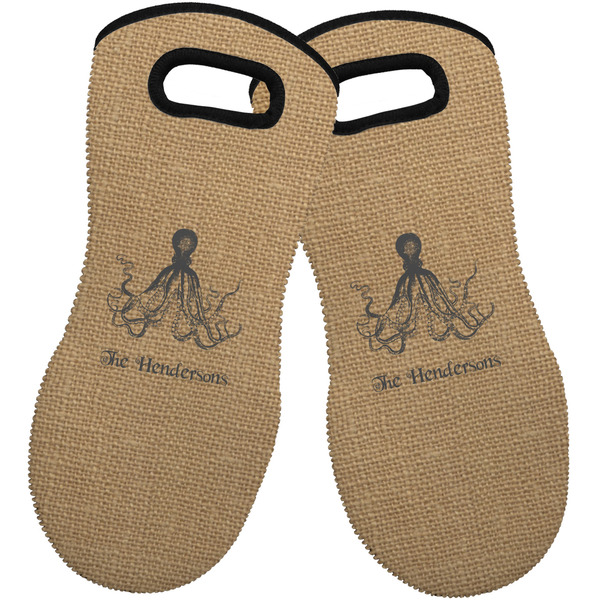 Custom Octopus & Burlap Print Neoprene Oven Mitts - Set of 2 w/ Name or Text