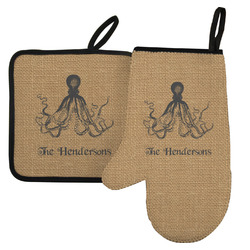 Octopus & Burlap Print Left Oven Mitt & Pot Holder Set w/ Name or Text