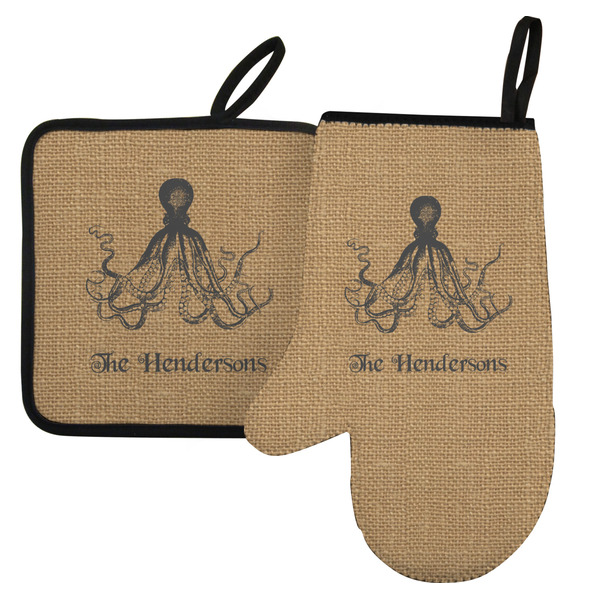 Custom Octopus & Burlap Print Left Oven Mitt & Pot Holder Set w/ Name or Text