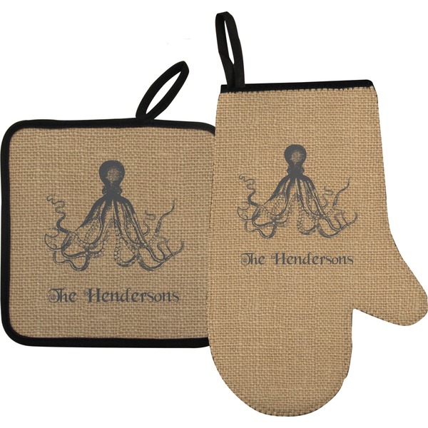 Custom Octopus & Burlap Print Right Oven Mitt & Pot Holder Set w/ Name or Text