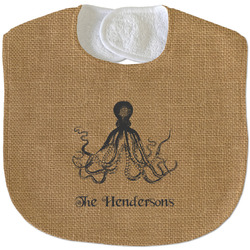 Octopus & Burlap Print Velour Baby Bib w/ Name or Text