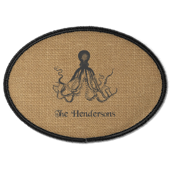 Custom Octopus & Burlap Print Iron On Oval Patch w/ Name or Text