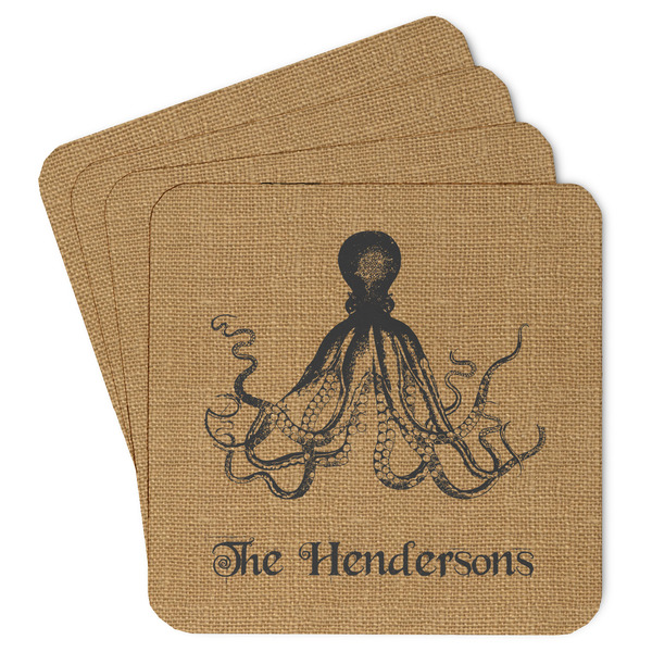 Custom Octopus & Burlap Print Paper Coasters w/ Name or Text