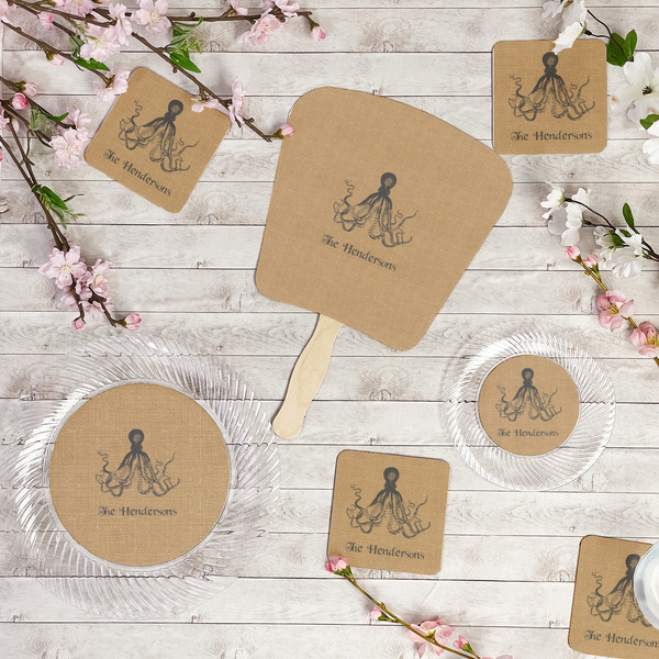 Octopus & Burlap Print Party Supplies Combination Image - All items - Plates, Coasters, Fans