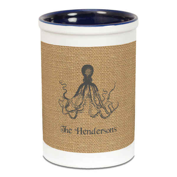 Custom Octopus & Burlap Print Ceramic Pencil Holders - Blue