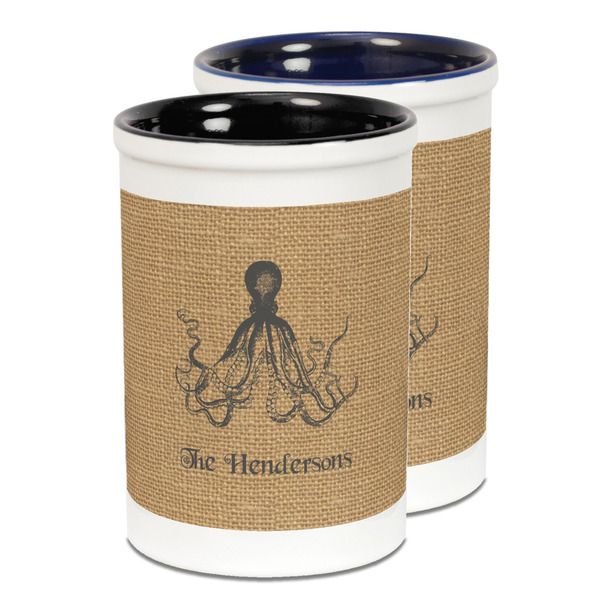 Custom Octopus & Burlap Print Ceramic Pencil Holder - Large
