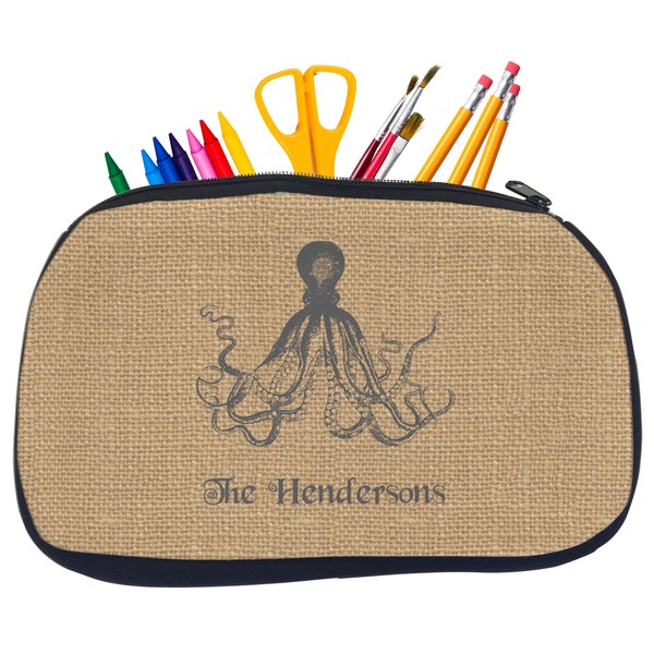 Octopus & Burlap Print Pencil / School Supplies Bags - Medium