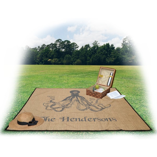 Octopus & Burlap Print Picnic Blanket - with Basket Hat and Book - in Use
