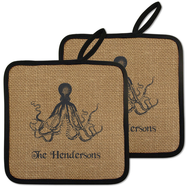 Custom Octopus & Burlap Print Pot Holders - Set of 2 w/ Name or Text