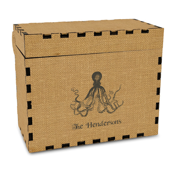 Custom Octopus & Burlap Print Wood Recipe Box - Full Color Print (Personalized)