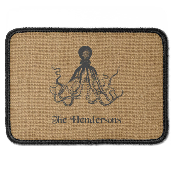 Custom Octopus & Burlap Print Iron On Rectangle Patch w/ Name or Text