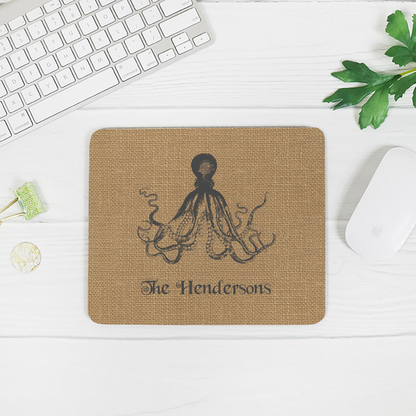 Octopus & Burlap Print Rectangular Mouse Pad - LIFESTYLE 2