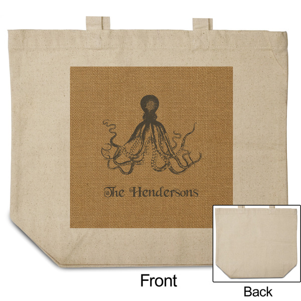 Octopus & Burlap Print Reusable Cotton Grocery Bag - Front & Back View