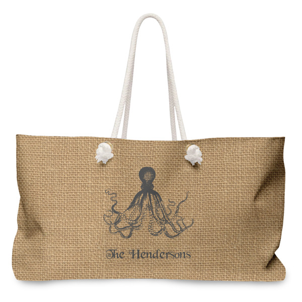 Custom Octopus & Burlap Print Large Tote Bag with Rope Handles (Personalized)