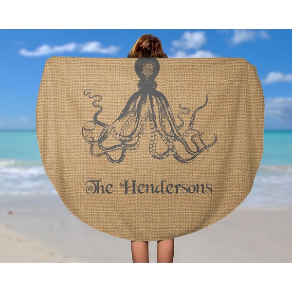 Octopus & Burlap Print Round Beach Towel - In Use