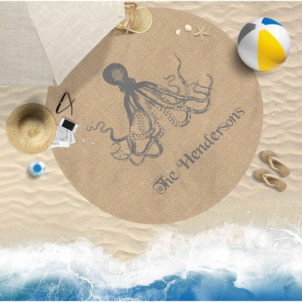 Octopus & Burlap Print Round Beach Towel Lifestyle