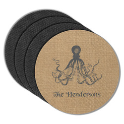 Octopus & Burlap Print Round Rubber Backed Coasters - Set of 4 (Personalized)