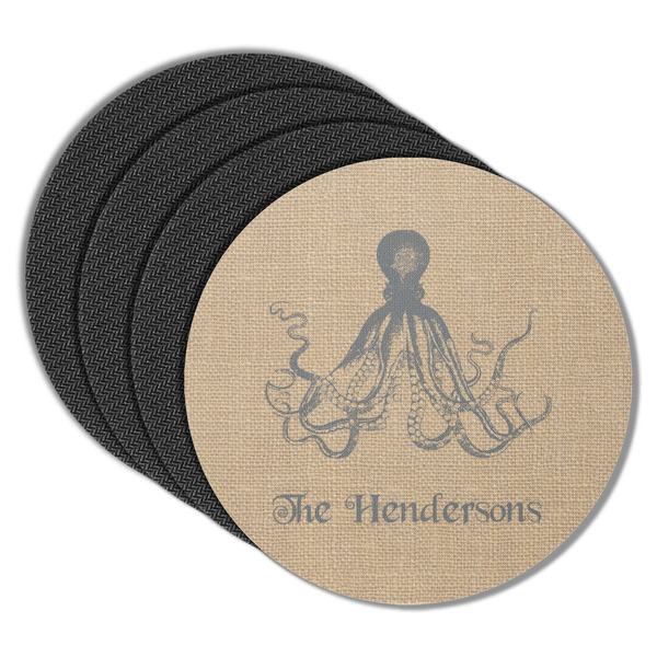 Custom Octopus & Burlap Print Round Rubber Backed Coasters - Set of 4 (Personalized)