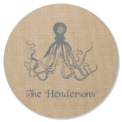 Octopus & Burlap Print Round Rubber Backed Coaster (Personalized)