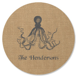 Octopus & Burlap Print Round Rubber Backed Coaster (Personalized)