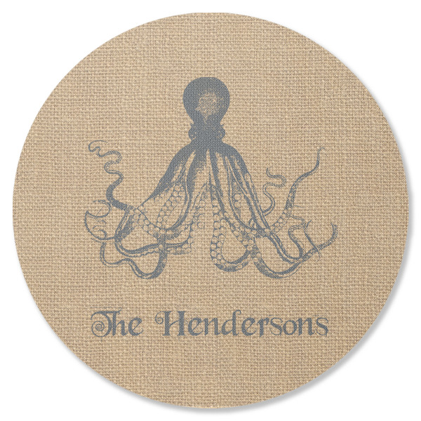 Custom Octopus & Burlap Print Round Rubber Backed Coaster (Personalized)