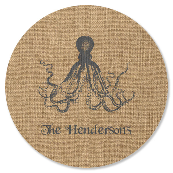 Custom Octopus & Burlap Print Round Rubber Backed Coaster (Personalized)