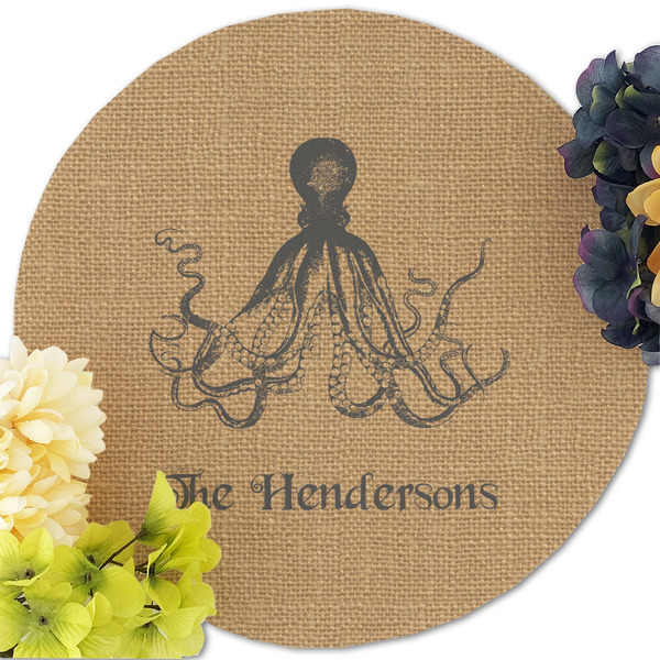 Octopus & Burlap Print Round Linen Placemats - Front (w flowers)