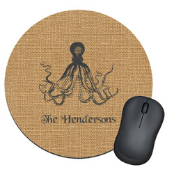 Octopus & Burlap Print Round Mouse Pad (Personalized)