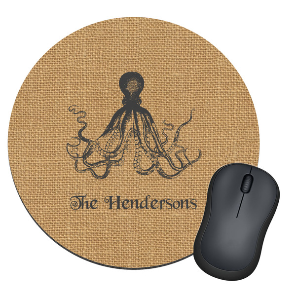 Custom Octopus & Burlap Print Round Mouse Pad (Personalized)