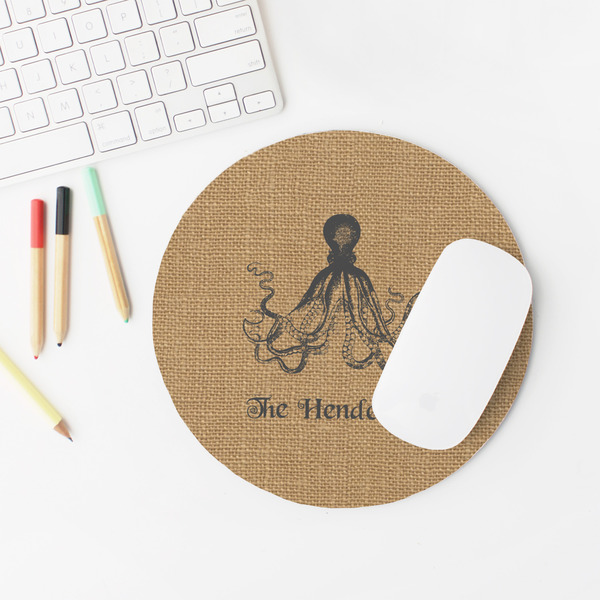 Octopus & Burlap Print Round Mousepad - LIFESTYLE 2
