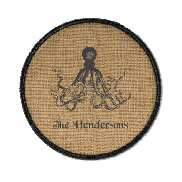 Custom Octopus & Burlap Print Iron On Round Patch w/ Name or Text