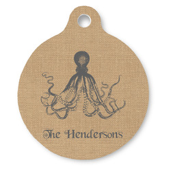 Octopus & Burlap Print Round Pet ID Tag - Large (Personalized)