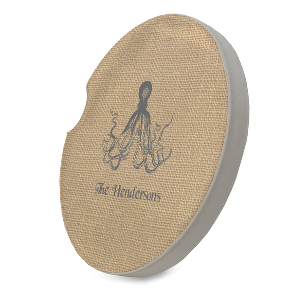 Octopus & Burlap Print Sandstone Car Coaster - STANDING ANGLE