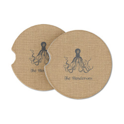 Octopus & Burlap Print Sandstone Car Coasters - Set of 2 (Personalized)
