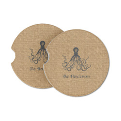 Octopus & Burlap Print Sandstone Car Coasters (Personalized)