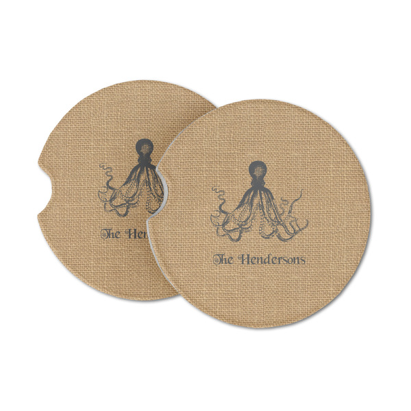 Custom Octopus & Burlap Print Sandstone Car Coasters - Set of 2 (Personalized)