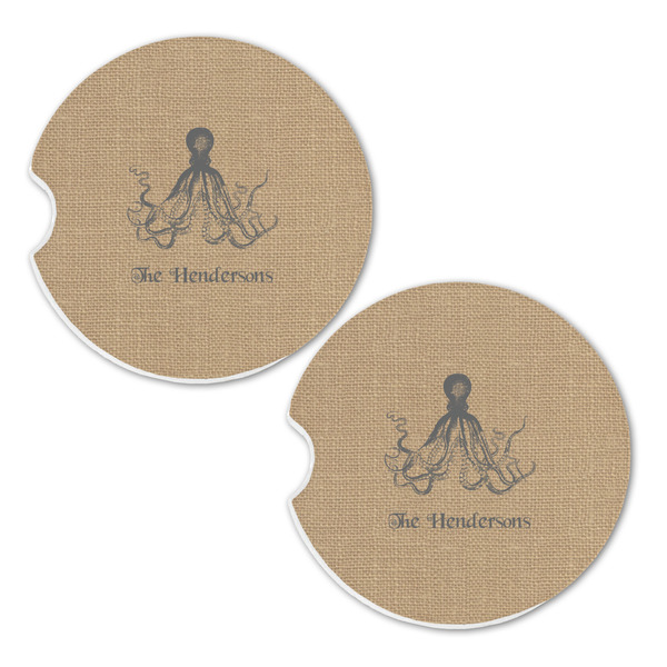 Octopus & Burlap Print Sandstone Car Coasters - Set of 2