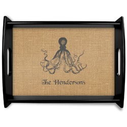 Octopus & Burlap Print Black Wooden Tray - Large (Personalized)