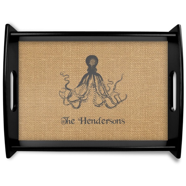 Custom Octopus & Burlap Print Black Wooden Tray - Large (Personalized)