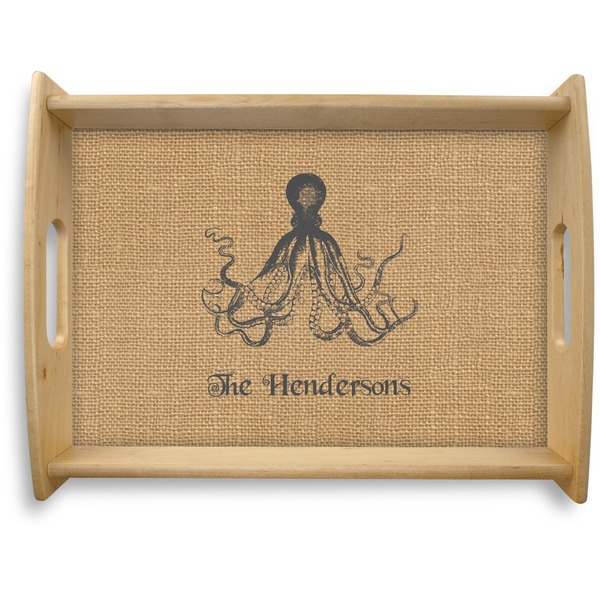 Custom Octopus & Burlap Print Natural Wooden Tray - Large (Personalized)