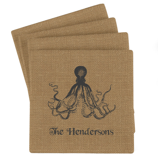 Custom Octopus & Burlap Print Absorbent Stone Coasters - Set of 4 (Personalized)