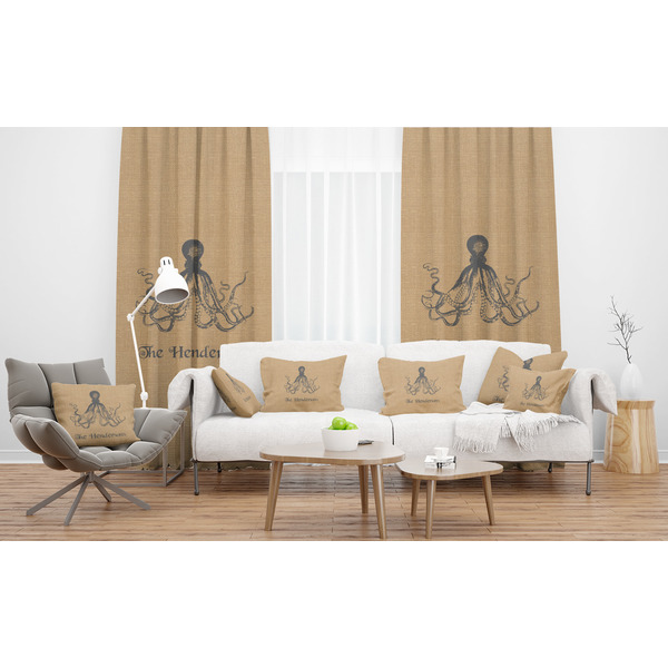 Octopus & Burlap Print Sheer and Custom Curtains in Room with Matching Pillows