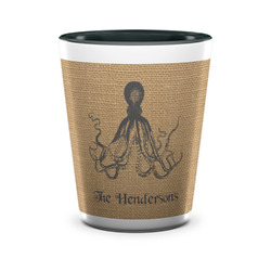 Octopus & Burlap Print Ceramic Shot Glass - 1.5 oz - Two Tone - Set of 4 (Personalized)
