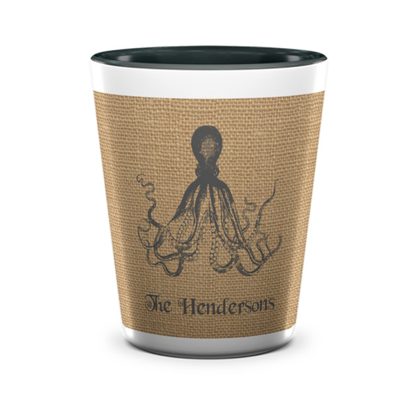 Custom Octopus & Burlap Print Ceramic Shot Glass - 1.5 oz - Two Tone - Set of 4 (Personalized)