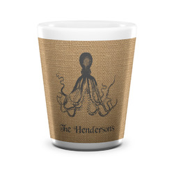 Octopus & Burlap Print Ceramic Shot Glass - 1.5 oz - White - Set of 4 (Personalized)