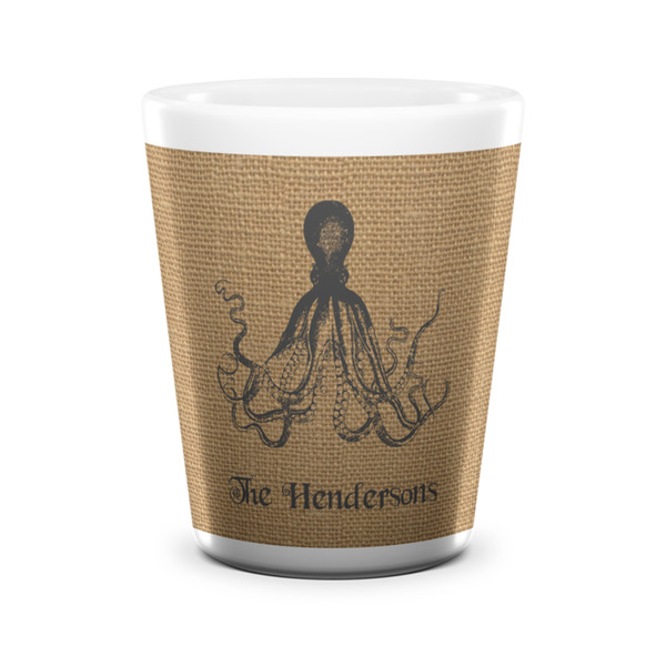 Custom Octopus & Burlap Print Ceramic Shot Glass - 1.5 oz - White - Set of 4 (Personalized)