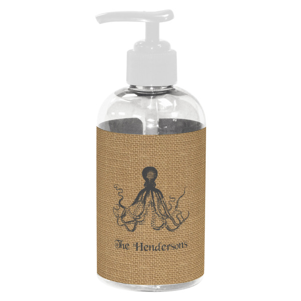Custom Octopus & Burlap Print Plastic Soap / Lotion Dispenser (8 oz - Small - White) (Personalized)