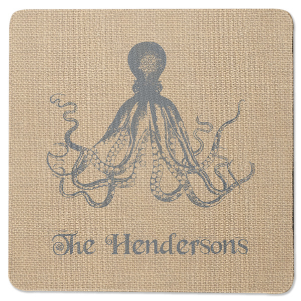 Custom Octopus & Burlap Print Square Rubber Backed Coaster (Personalized)