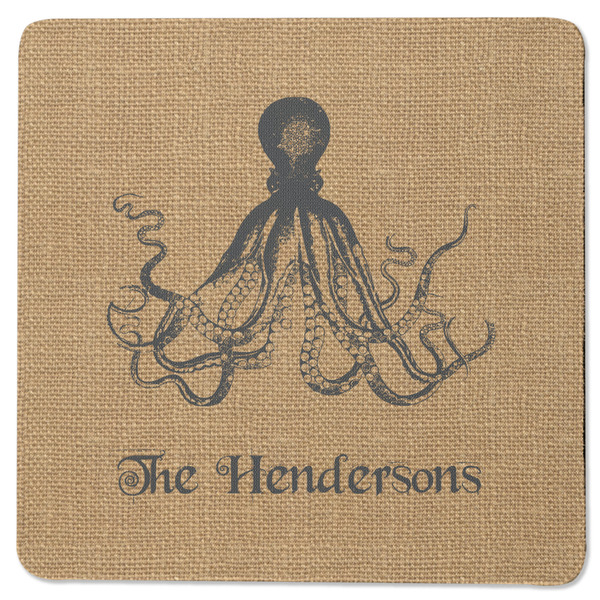 Custom Octopus & Burlap Print Square Rubber Backed Coaster (Personalized)