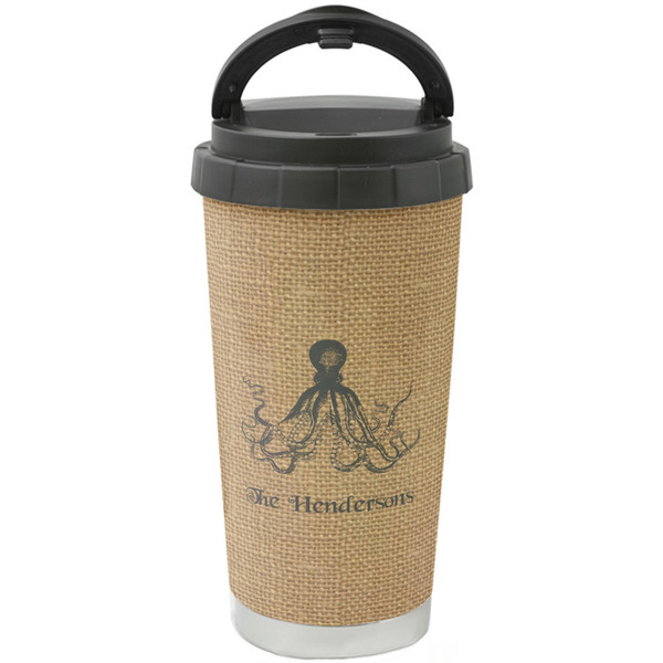 Custom Octopus & Burlap Print Stainless Steel Coffee Tumbler (Personalized)
